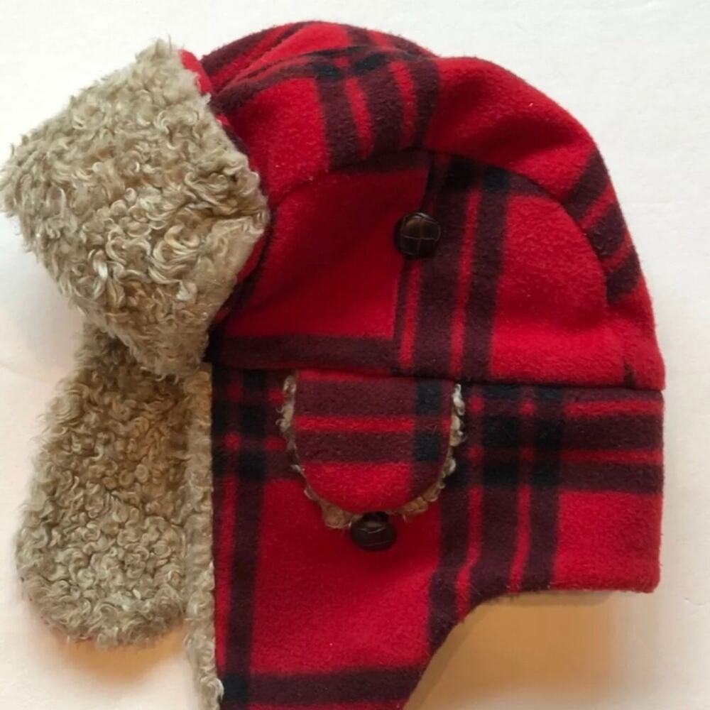 Gap Kids S/M Red & Black Plaid Super Soft Fleece Bomber‎ Hat